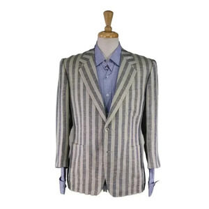 Custom Made Navy/Sky Blue Striped Mila Schon Linen Boating Patch Pkt Blazer 38S